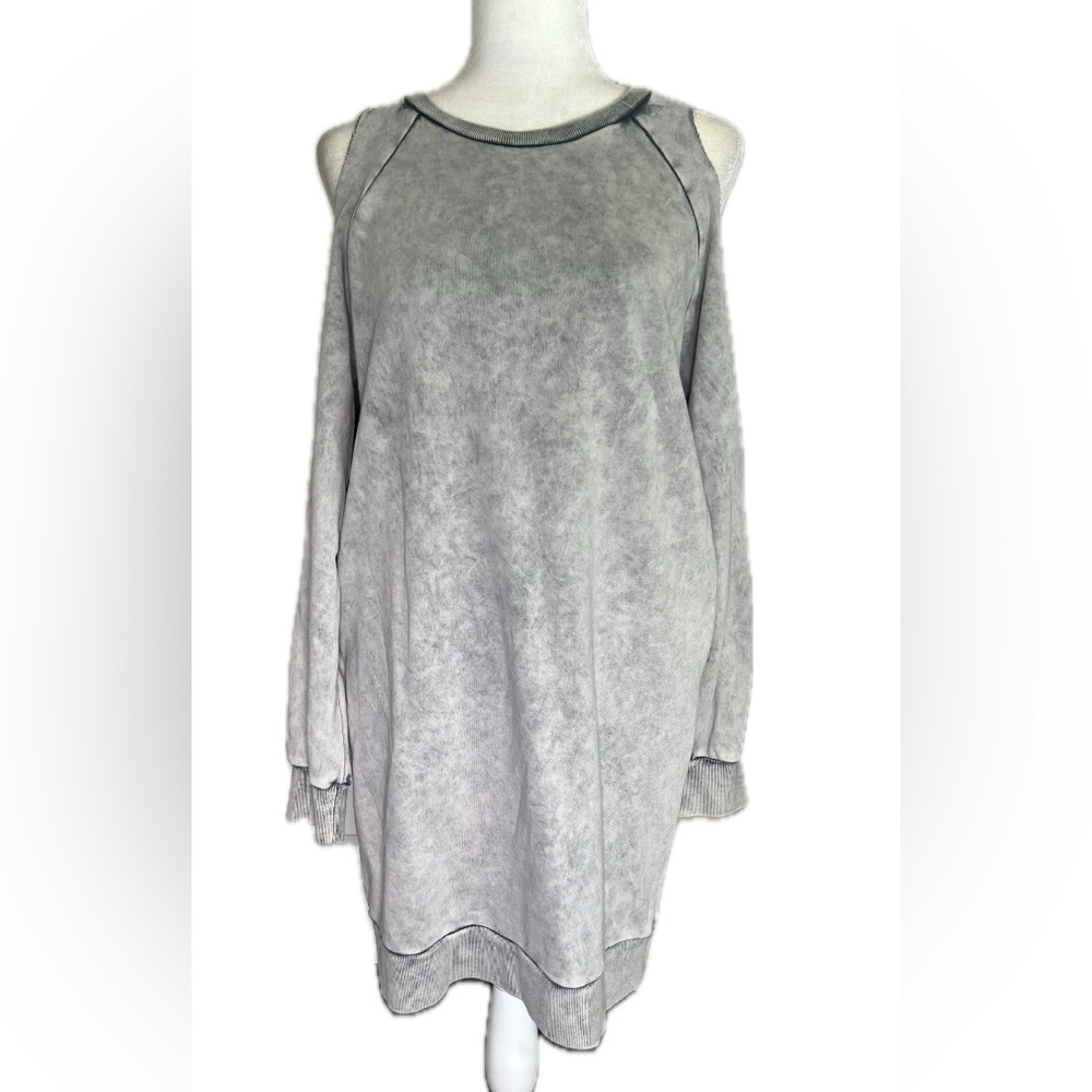 Newbury Kustom Cold Shoulder Long Sleeve Sweatshirt Dress Distressed Gray Medium - Picture 2 of 12